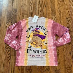 NWT New SIMPLY SOUTHERN Halloween Dog Logo Can’t Fly with Us Tie Dye Tee Kids S